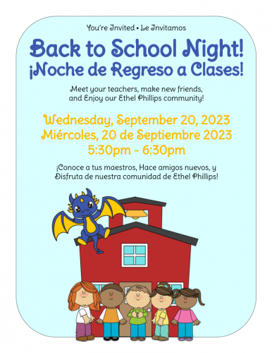 Back to School Night flyer with date and time of the event (September 20, 2023 from 5:30-6:30pm)